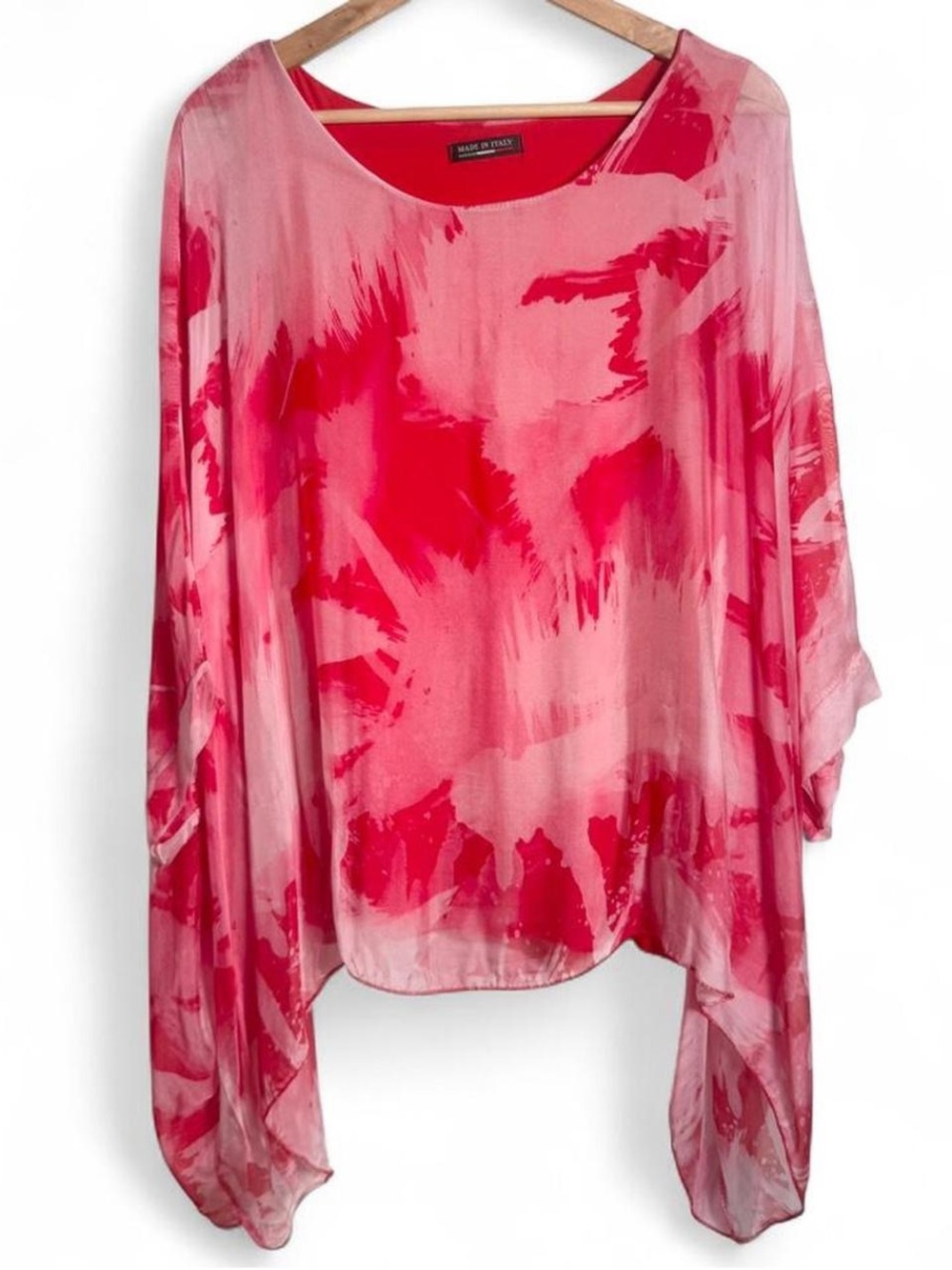 100% Silk Flowy Blouse Made in Italy Pink Tie Dye
